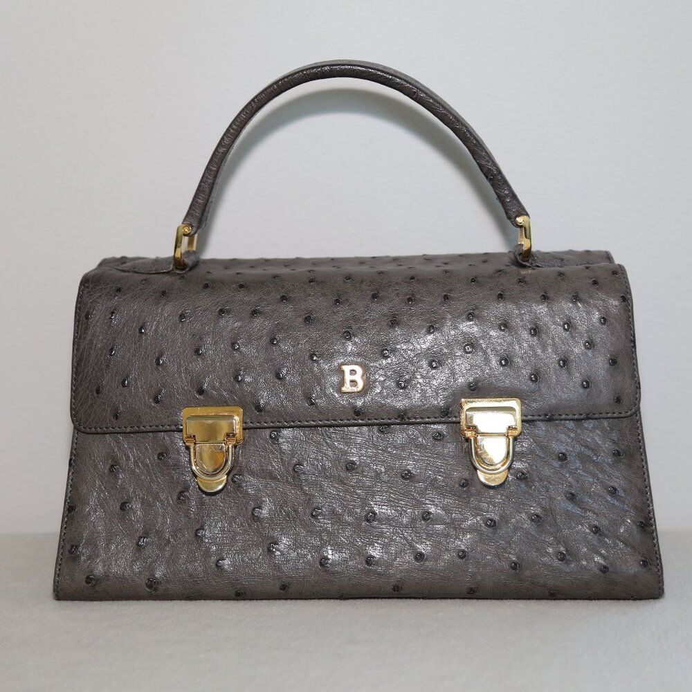 BALLY Luxurious Genuine Glazed Ostrich top handle bag gray Vtg Amazing Quality!